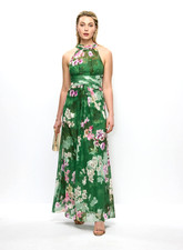 ✨Designer Bellambra Silk Blend Floral Halter Maxi Dress Green Italy L $299 NEW!