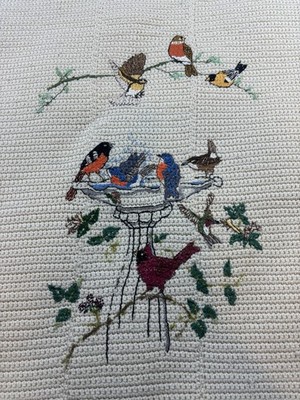 Handmade Colorful Birds Cream Crochet Knit Afghan Throw Blanket w/ Fringe 37x57