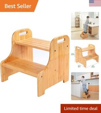 Elegant Bamboo 2 Step Stool with Non-Slip Treads Cutout Handles, 350lb Max