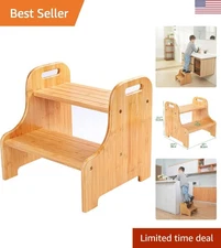 Elegant Bamboo 2 Step Stool with Non-Slip Treads & Cutout Handles, 350lb Max