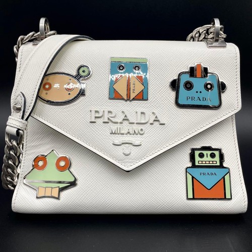 PRADA Robot Chain Shoulder Bag White Saffiano Leather Crossbody Authentic Rare