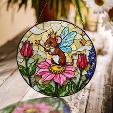 Fairy Mouse on Flower Round Stained Glass Suncatcher Whimsical Window Decor Gift
