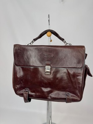 Piquadro Blue Square Brown Leather Laptop Briefcase Business Work Bag Italy