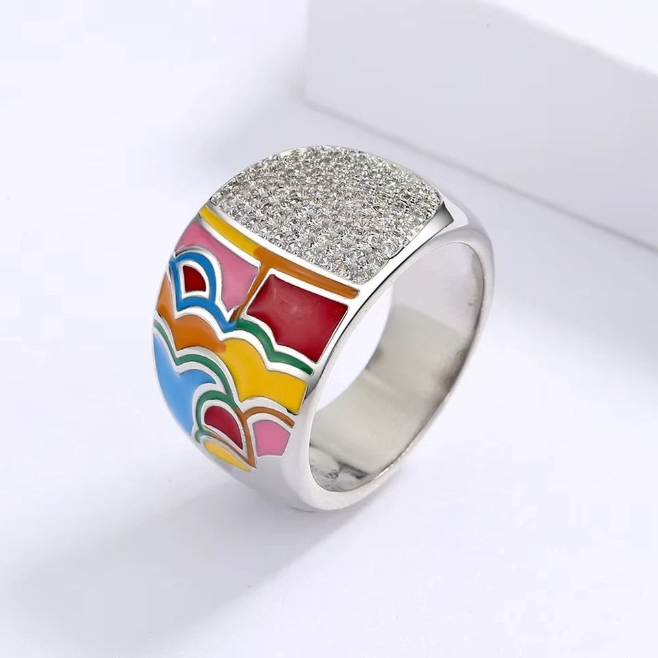 Anillo de plata de ley 925 esmalte multicolor circonita cúbica banda ancha talla 6-10 Foto 3 de 4