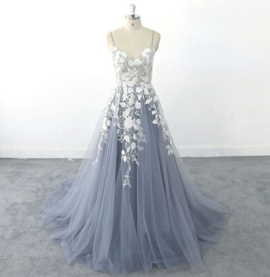 Dusty Blue Wedding Dress Bridal Gowns Illusion Floral Lace Bodice Custom Made | eBay Dusty Blue Wedding Dress Bridal Gowns Illusion Floral Lace Bodice Custom Made | eBay