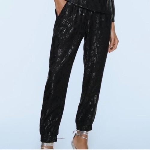 Zara black metallic leopard animal print joggers | eBay
