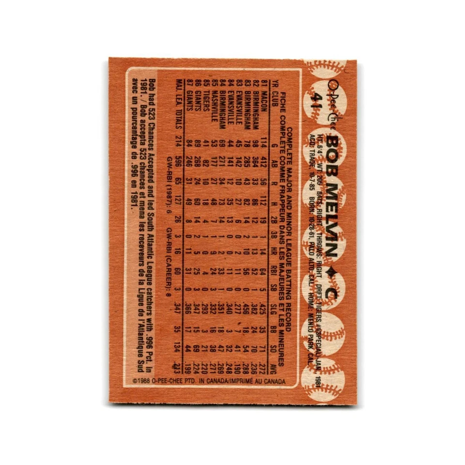 Bob Melvin 1988 O-Pee-Chee #41 San Francisco Giants Baseball Card NM - Image 2 of 3