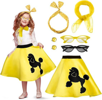 Kid 1950s Yellow Poodle Skirt Polka Dot Accessory scarf glasses bandana  earrings