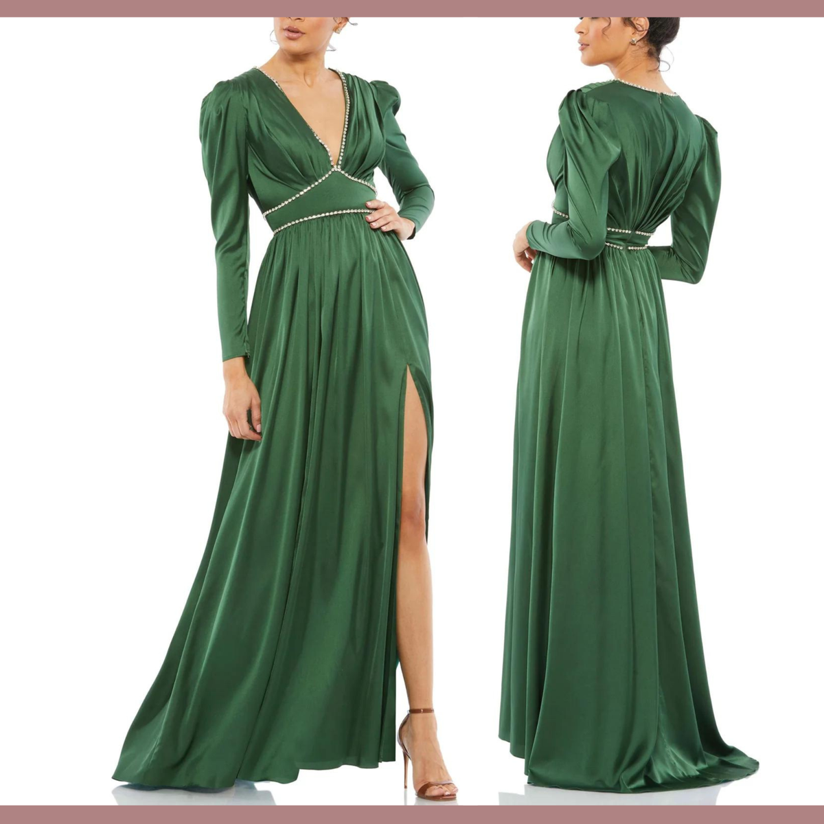NEW IEENA Mac Duggal [ 14 ] 55702 Rhinestone Trim Puff Sleeve Gown Green  J1314