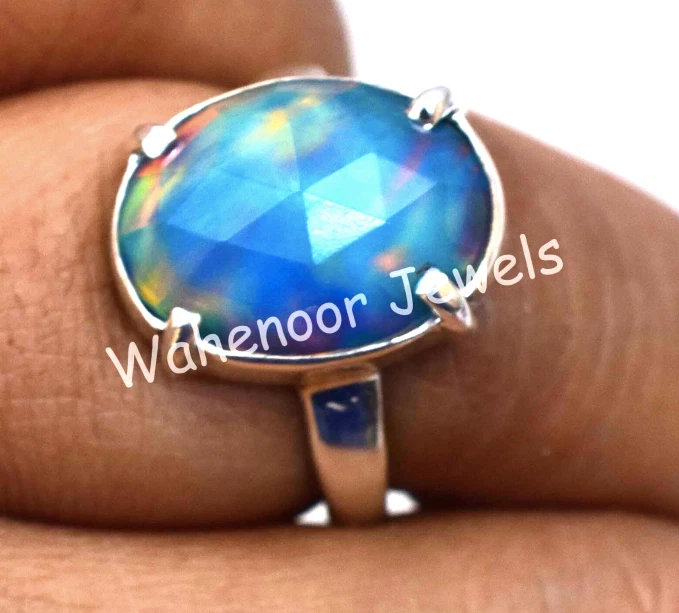 Hermoso anillo impresionante a cuadros de plata esterlina 925 ópalo aurora certificado Foto 4 de 4