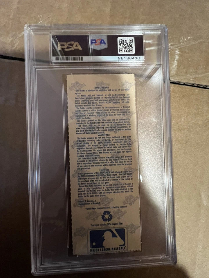 Chipper Jones Signed 1991 World Series Full Rain Check Game Ticket PSA Gem MT 10 - Image 2 of 3