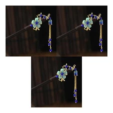 3Pcs Blue Chinese Japanese Hair Stick Retro Wooden Hairpin Flower Hair Chopst...