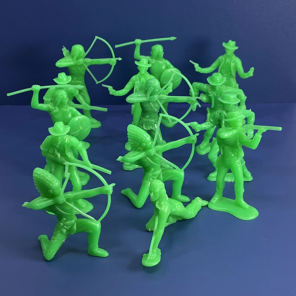 Lot of 14 Vintage Unbranded Plastic Neon Green Cowboy Indian Toy