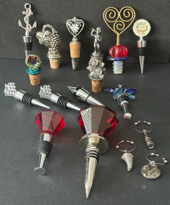 Lot of 14 Decorative Bottle Stoppers : Some Cork / Some Vintage / Some Pewter