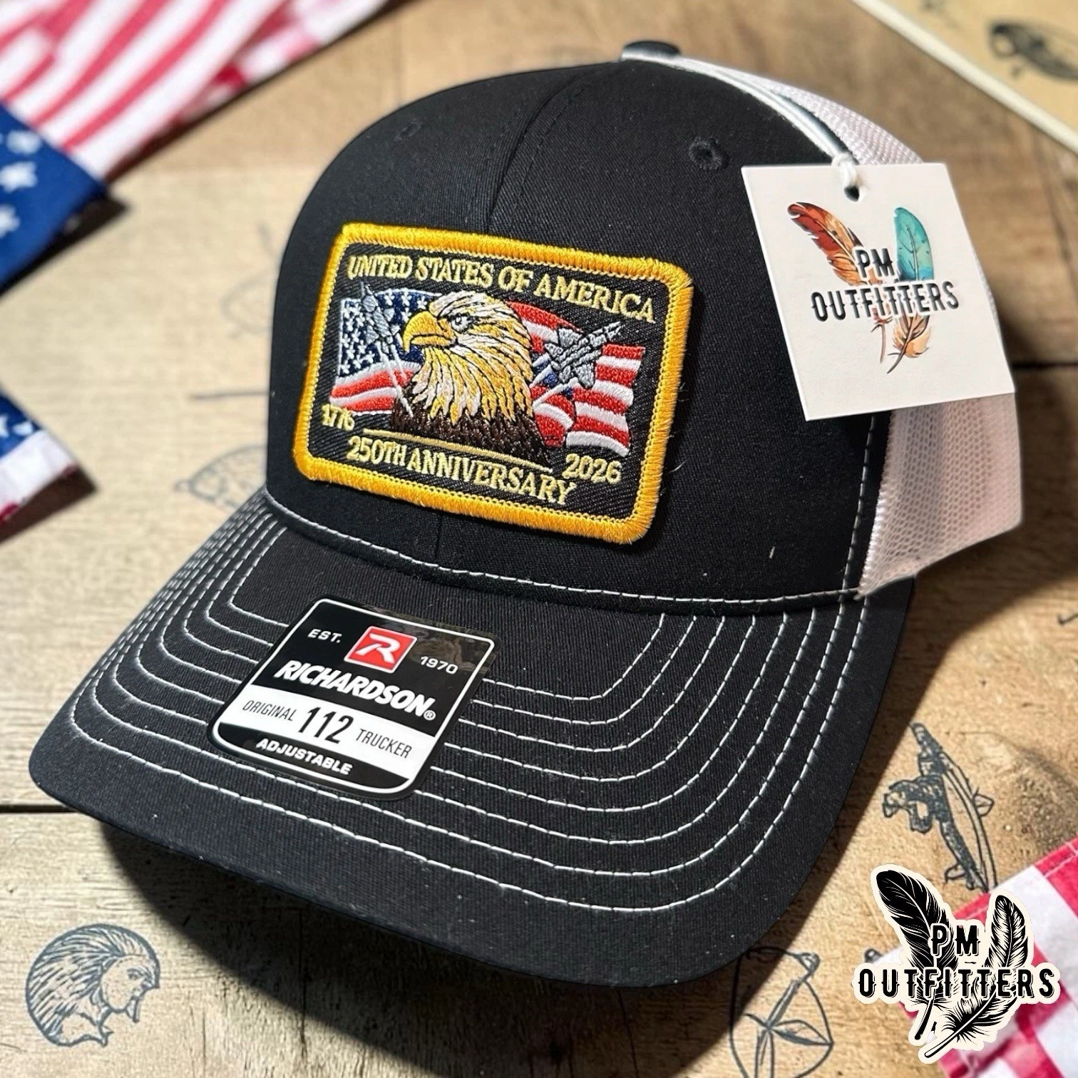 USA 250th Anniversary 1776 2026 Trucker Hat Richardson 112 Black White Eagle