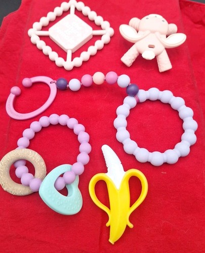 Lot Of 5 Five Baby-Infant Teether Toys & One Pacifier Holder Colorful  