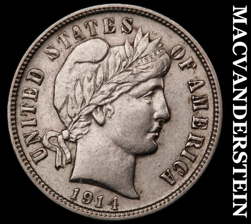 1914-D Silver Barber Dime - Almost Uncirculated  Lustrous  No Reserve  #i6996