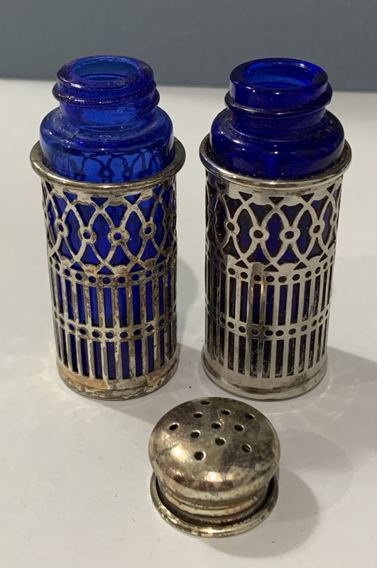 Vintage Silverplate and Cobalt Blue Glass Salt & Pepper Shakers  Incomplete