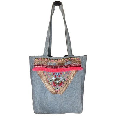 Marks & Spencer Women's Blue Denim Tote Bag Boho Embroidered Fringe OS Excellent