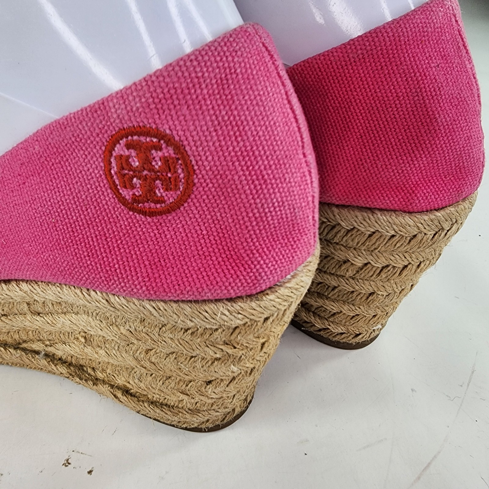 Tory Burch Dory Wedge Shoes US 8 B Red/Pink Canvas Peep Toe Sandal Espadrille  thumbnail 9