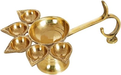 Handheld Brass Panch Diya Oil Lamp Puja Aarti Diwali Navratri Festival Pooja