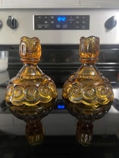 LE SMITH Vintage 1950's Moon & Stars Amber Glass Candlestick Candle Holders