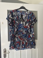 Image of Mint Velvet Blouse Top Size Large Blue Red White Abstract Layers Frill Summer