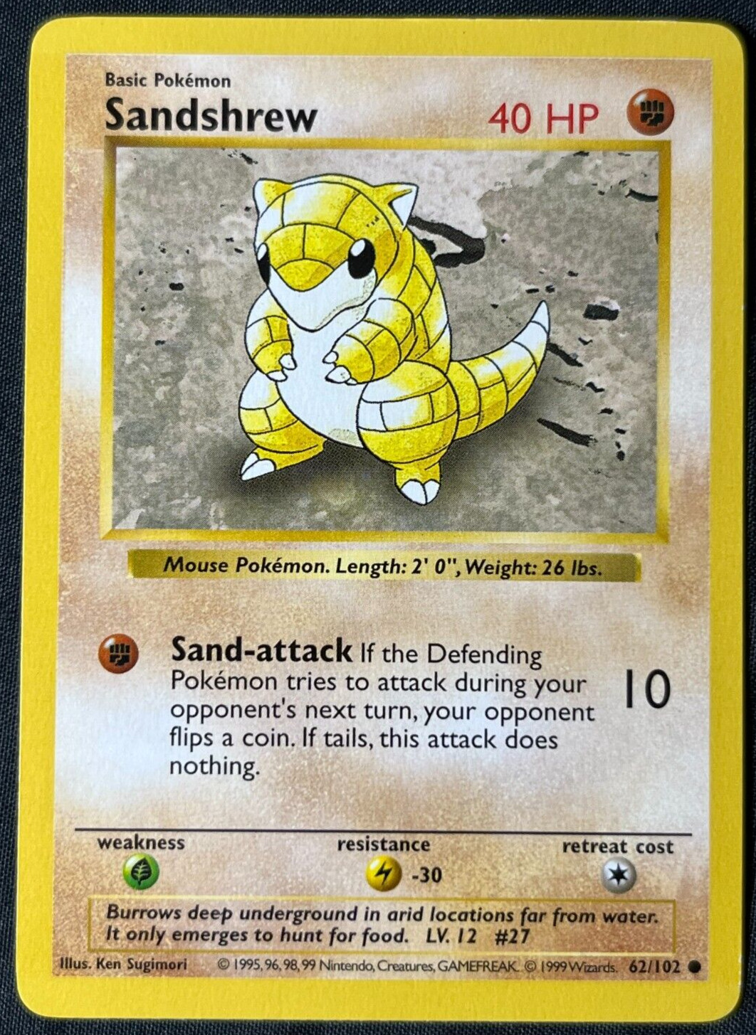 Pokémon TCG 1999 Sandshrew 62/102 Shadowless Base Set WotC Near Mint NM