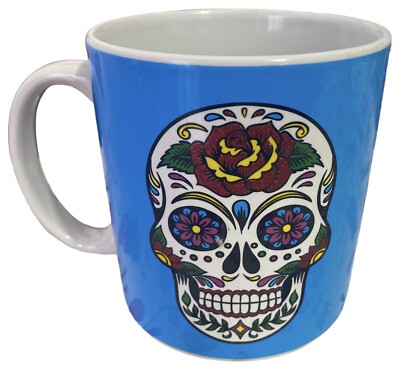 Day Of The Dead Blue/White Multicolored Skull Image on Coffee Mug 16 oz. 4.25 