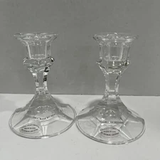 Set Of 2 Full Lead Crystal Pillar Pedestal Candle Stick 4" St George Crystal