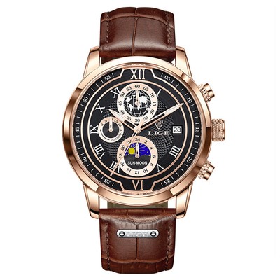LIGE Men Chronograph Top Leather Brand Military Moon Phase Quartz
