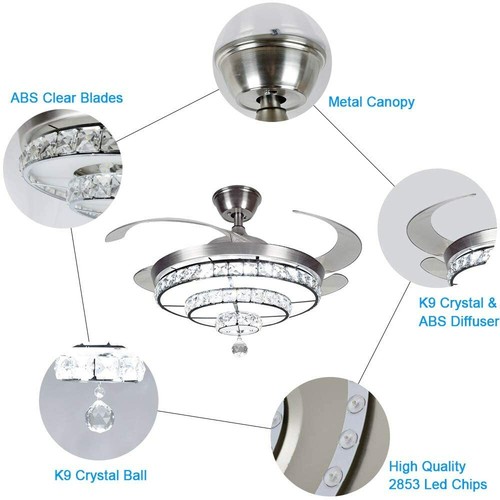 DLLT Crystal Ceiling Fan with Lights 36W Ceiling Fan Remote 3 Blades Retractable - Picture 5 of 12