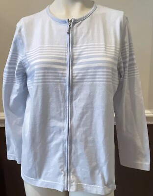 Cathy Daniels Women's Full Zip Jacket Size Large Pale Blue White Stripe Lightwt