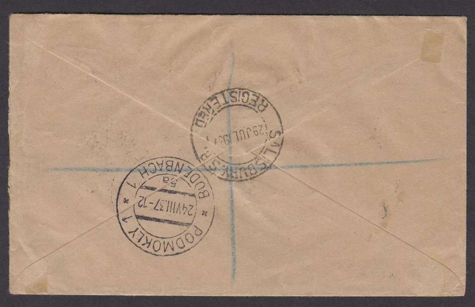 Rodesia del Sur 1937 cubierta registrada a Checoslovaquia, tren de coronación KGVI Foto 2 de 2