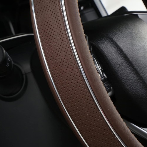Brown Leather Steering Wheel Cover Fiber Strip Car Steering Wheel Cover - Picture 2 of 3