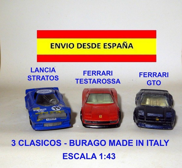 3 COCHES 1:43 BURAGO ITALY FERRARI TESTAROSSA, FERRARI GTO LANCIA STRATOS CLASIC