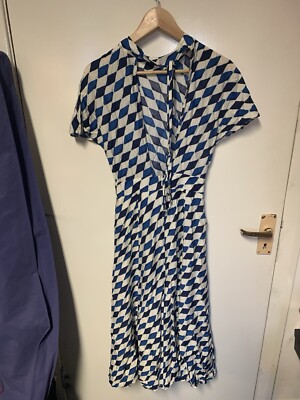 WHISTLES blue White Diamond Patter Midi Dress Silk Blend Uk