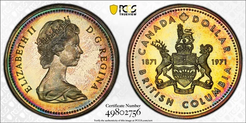 SP66 1971 $1 Canada Silver BC Commem Dollar, PCGS Trueview- Pretty Rainbow Toned