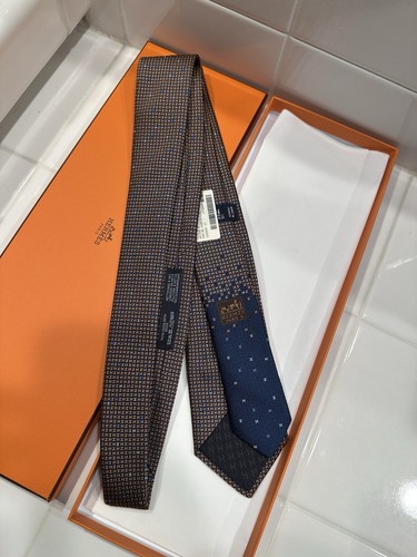 New w/ box HERMÈS Marine / Orange / Ciel 100% Silk Arcade H tie - Picture 4 of 11