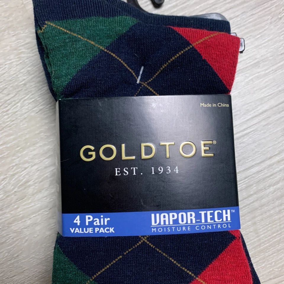 Gold Toe Mens Socks 4 Pack Vapor Tech Moisture Control Argyle Green Red Navy - Image 2 of 4