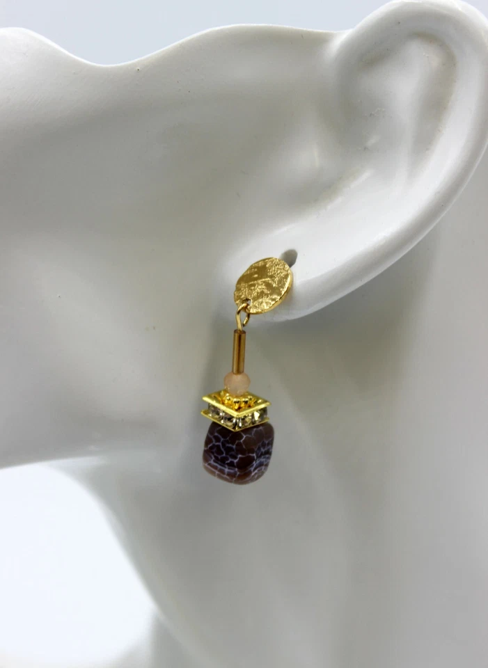 Würfelohrringe Ohrhänger Würfel Perlen Achat Braun Strass Edelstahl #DA009 - Bild 3 von 3