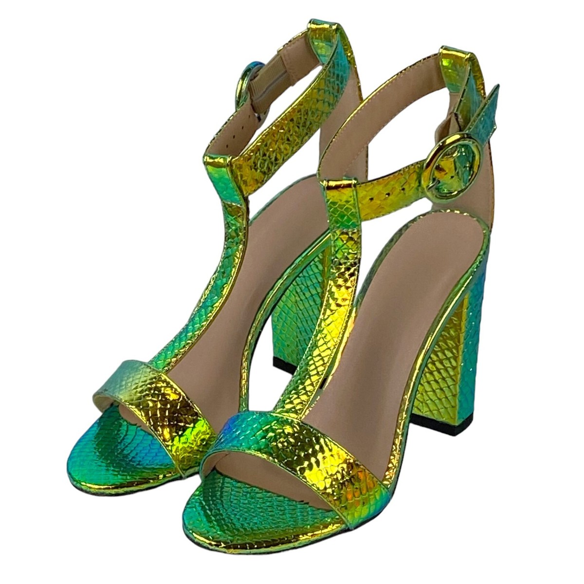 JF Shoes Women's 5.5 T-Strap Faux Snake Skin Iridescent