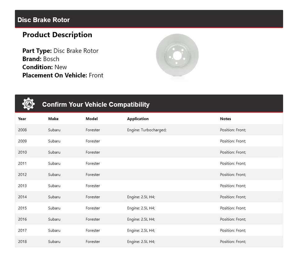 Rotor de freno de disco delantero QuietCast para Subaru Forester Bosch 2008-2018 2009 2010 Foto 2 de 4