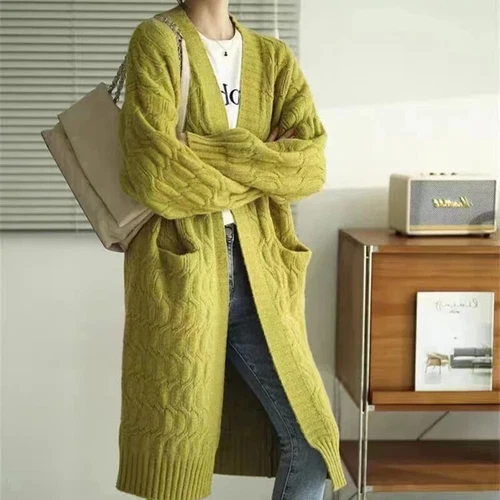 Women Long Cardigan Coat With Pockets Winter Sweater Jacket Ribbed Overcoat - Picture 10 of 21