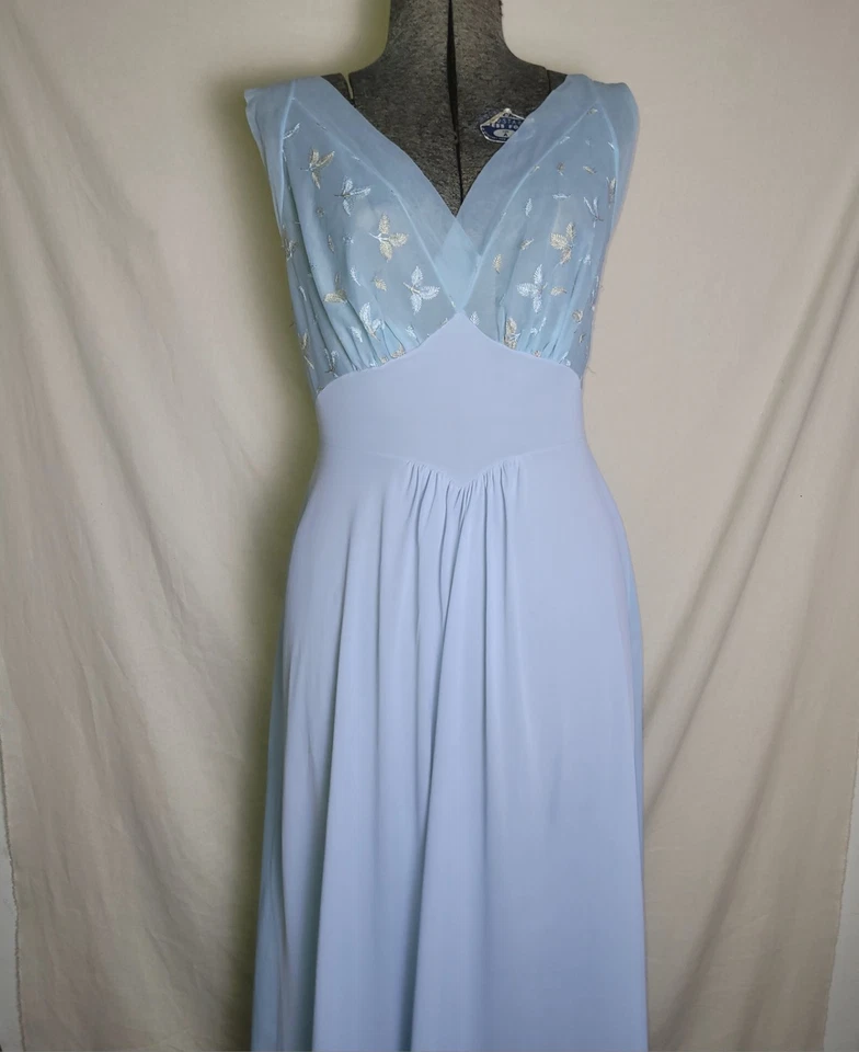 复古 50 年代 60 年代 Vanity Fair 尼龙睡衣懒人连衣裙蓝色网眼 36 S/M — 第 2/4 张图片