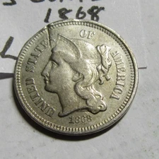 United Stated Nickel 3 Cents 1868, Chopmark On Obverse. Grade As Pictures