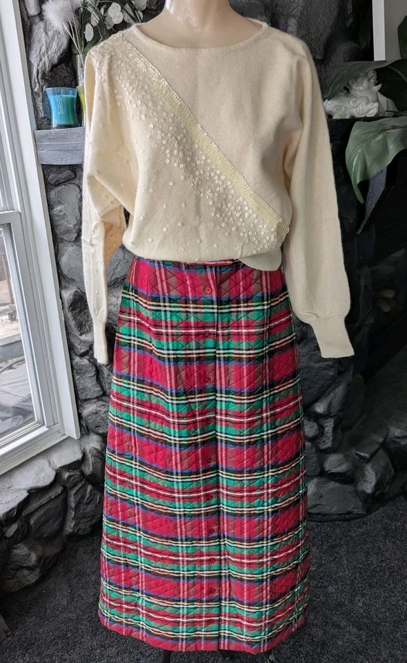 Vtg Loomtogs Christmas Holiday Maxi Long Skirt Quilted Plaid Taffeta Sz 11/12 - Image 2 of 4