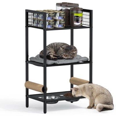 4in1 Cat Furniture Stand with Cat Scratching Post, Cat Food Bowls, Cats Bed P...