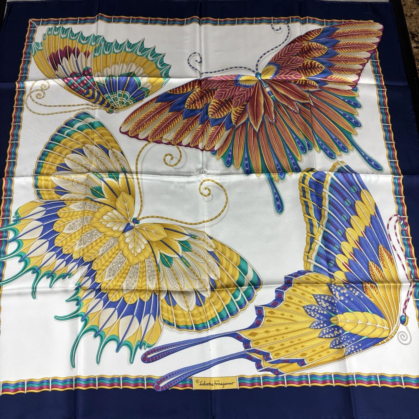 Vintage Salvatore Ferragamo 100% Silk Scarf w Box Rare Bright Butterfly Pattern