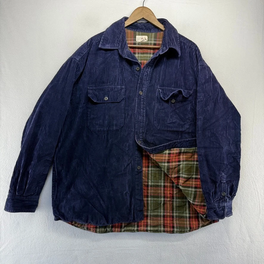 Vintage J Crew Shacket Men's XL Blue Corduroy Flannel Lined Button Shirt Pockets - Image 2 of 4